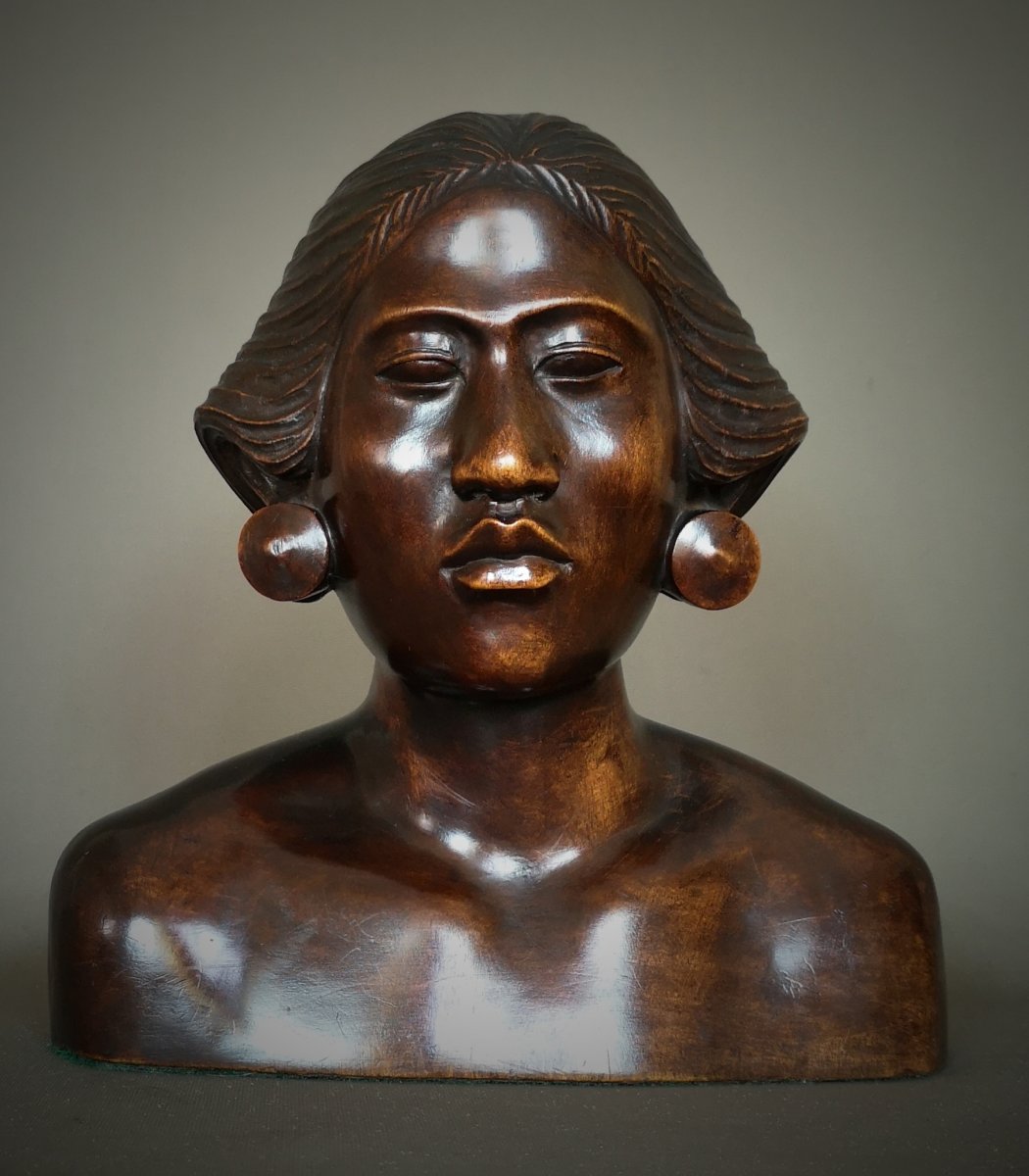 Art Deco Wooden Married Bust - Indonesia, Bali Around 1930-1940-photo-2