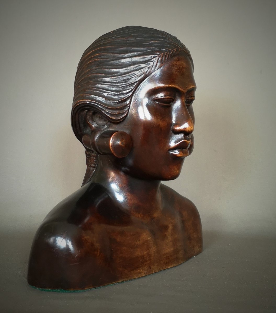 Art Deco Wooden Married Bust - Indonesia, Bali Around 1930-1940-photo-3