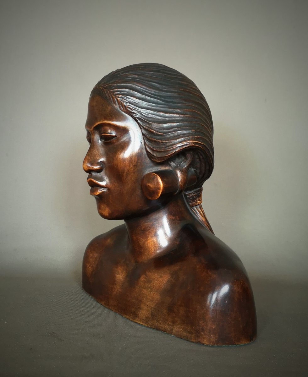 Art Deco Wooden Married Bust - Indonesia, Bali Around 1930-1940-photo-1