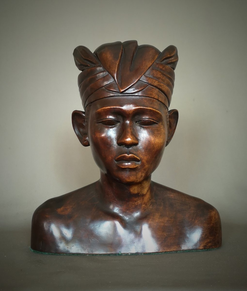 Art Deco Wooden Married Bust - Indonesia, Bali Around 1930-1940-photo-2