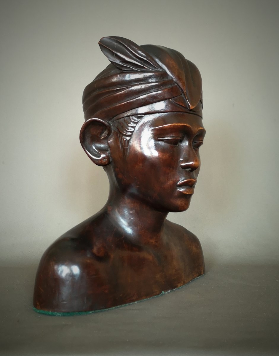 Art Deco Wooden Married Bust - Indonesia, Bali Around 1930-1940-photo-3