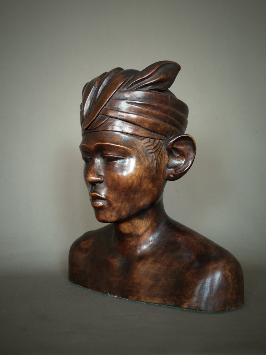 Art Deco Wooden Married Bust - Indonesia, Bali Around 1930-1940-photo-5