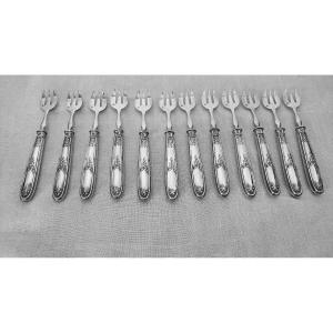 12 Oyster Forks, Filled Silver Handle, Silver Metal Fork