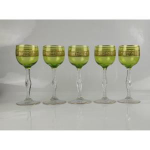 Saint Louis, 5 “roemer” Glasses Emerald And Gold Color