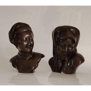 2 Bronze Busts, Indochina Circa 1930