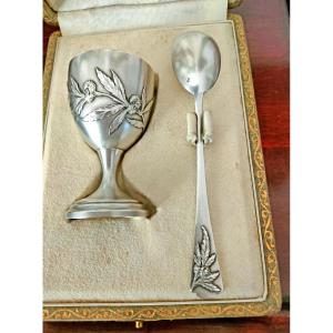 Silver Egg Cup And Spoon, Art Nouveau Period, Decorated With Chestnut Branches  