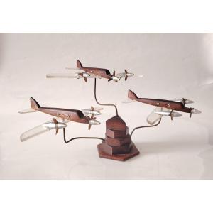 Art Déco – Escadrille de 3 avions en vol – Bois précieux, Plexiglas et Métal