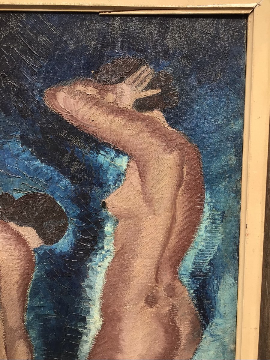 Grande Huile Sur Toile Piero Poraccia  Nus Femmes Au Bain Signé Daté 1929-photo-2