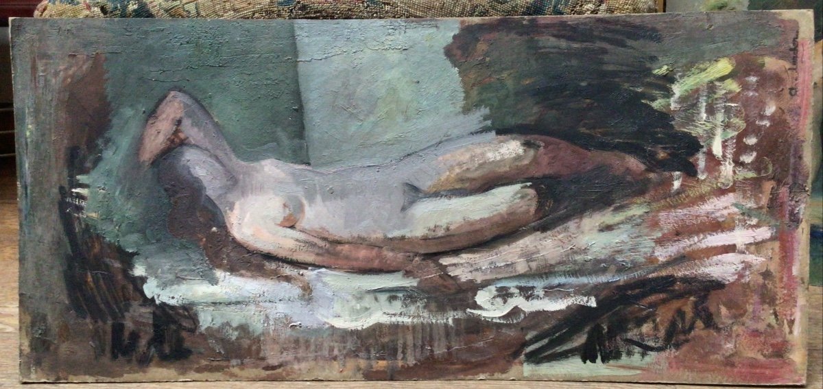 Female Nude Oil On Cardboard Signed Albert Larcher Circa 1930-photo-1