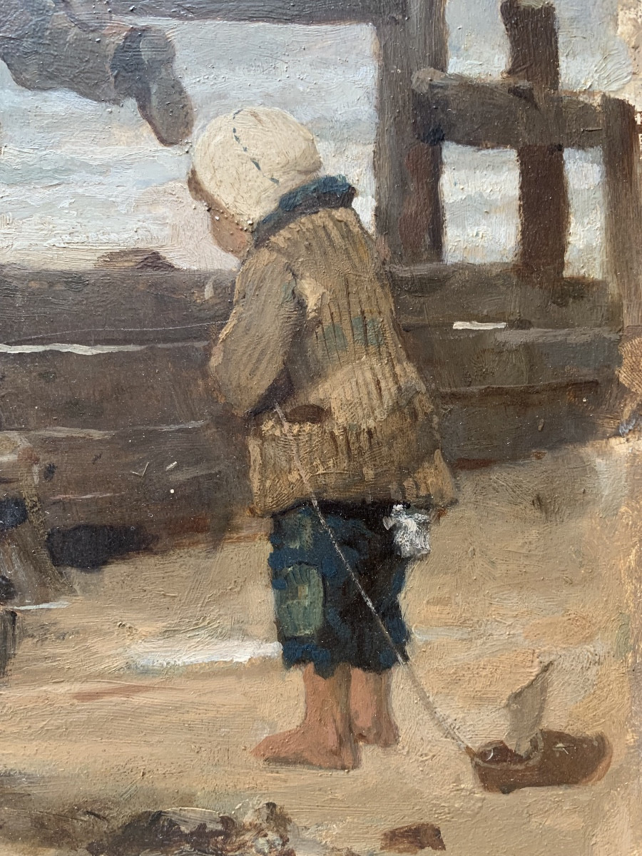 Ulysse Butin Oil On Panel Children Playing Seaside Normandy 19th-photo-4