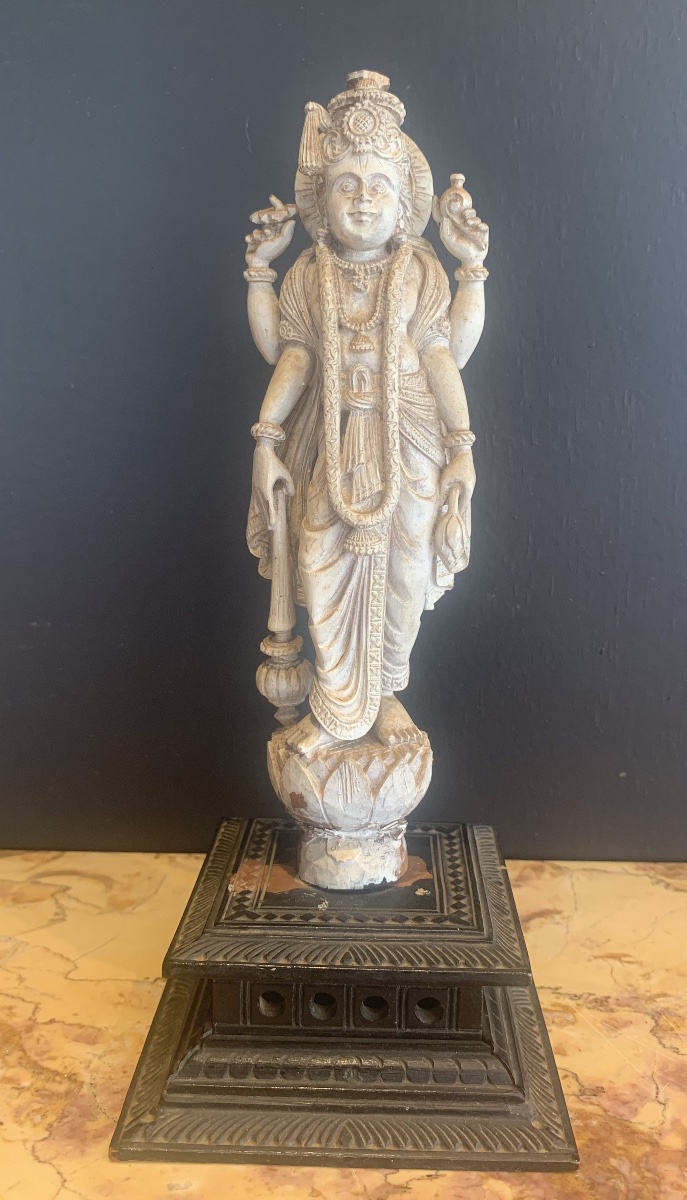 Vishnu: Lacquered Wooden Statuette Of A Deity From India, Circa 1900
