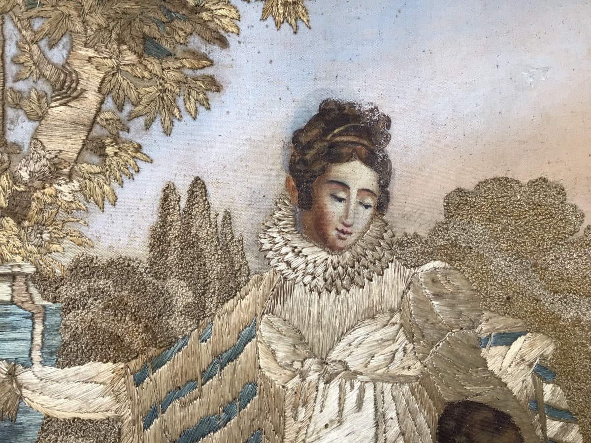 Tableau Broderie Dite Peinture à L’aiguille , Femme Enfant Et Jouets 1820-photo-2