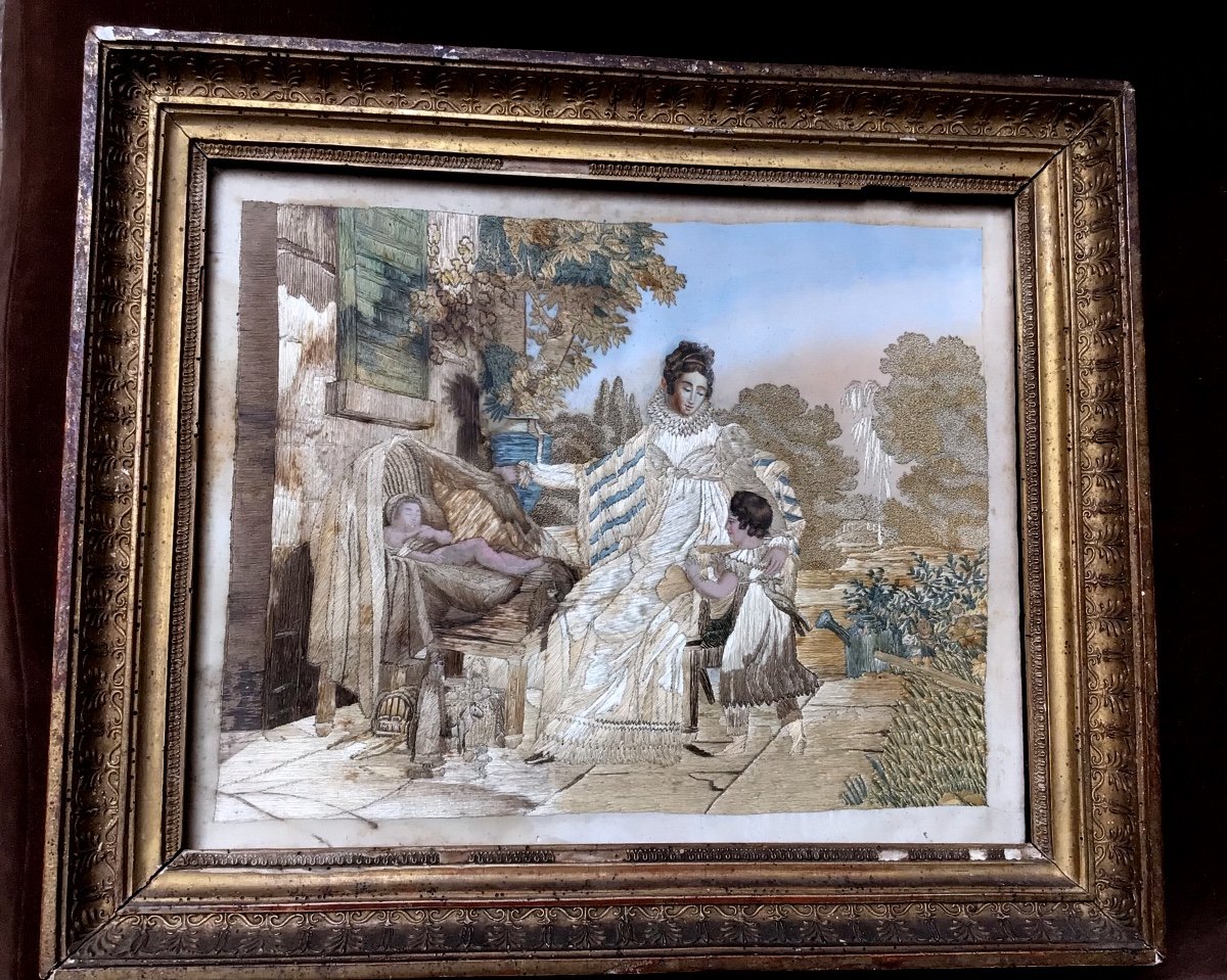 Tableau Broderie Dite Peinture à L’aiguille , Femme Enfant Et Jouets 1820