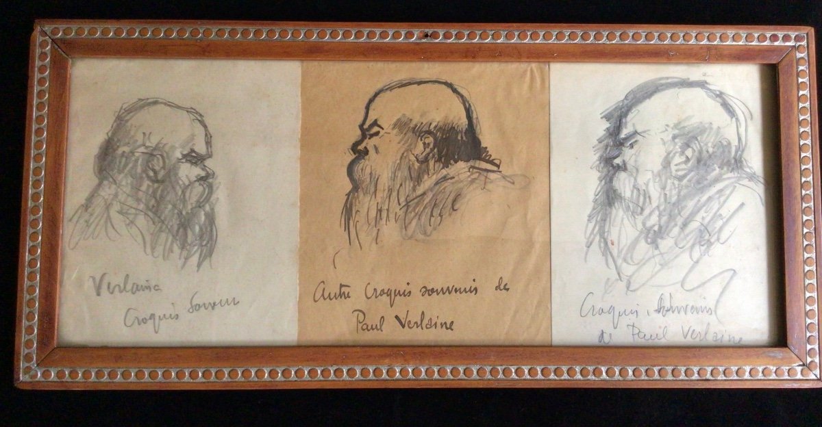 3 Drawings Portraits Of Verlaine Around 1895 By Jehan Rictus