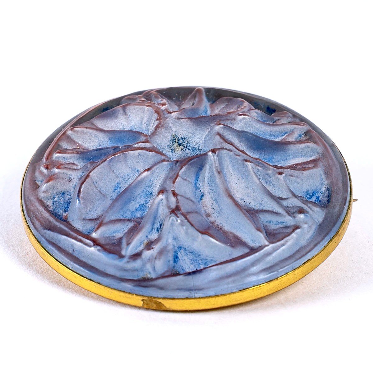 1911 René Lalique - Brooch Mouches Frosted Glass Blue Patina On Pink Foil-photo-2