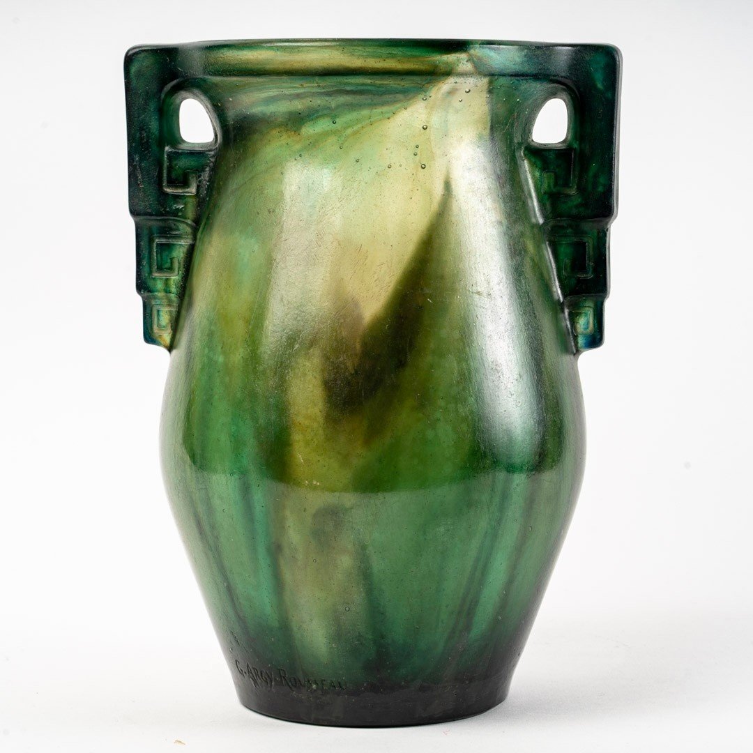 1927 Gabriel Argy Rousseau - Vase à Anses Géométriques Pâte De Verre