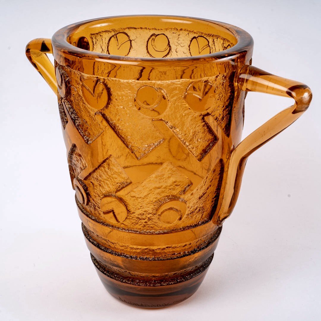 1930 Daum Nancy - Vase Art Déco Géométrique à Anses Verre Orange Ambré Dégagé à l'Acide-photo-2