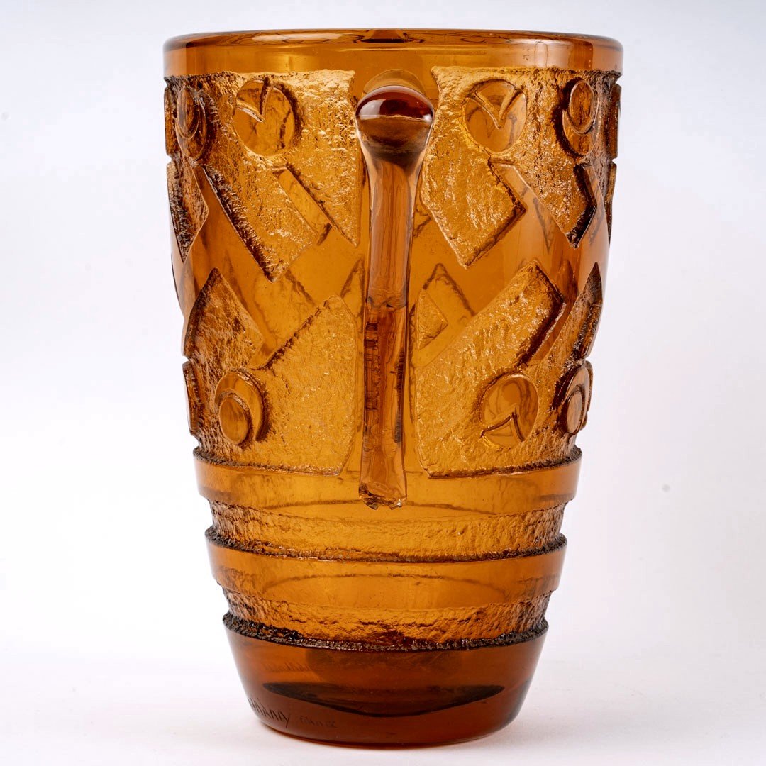 1930 Daum Nancy - Vase Art Déco Géométrique à Anses Verre Orange Ambré Dégagé à l'Acide-photo-4