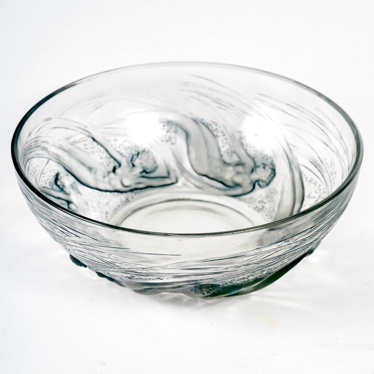 1921 René Lalique - Coupe Ondines Verre Blanc Patiné Bleu-photo-2