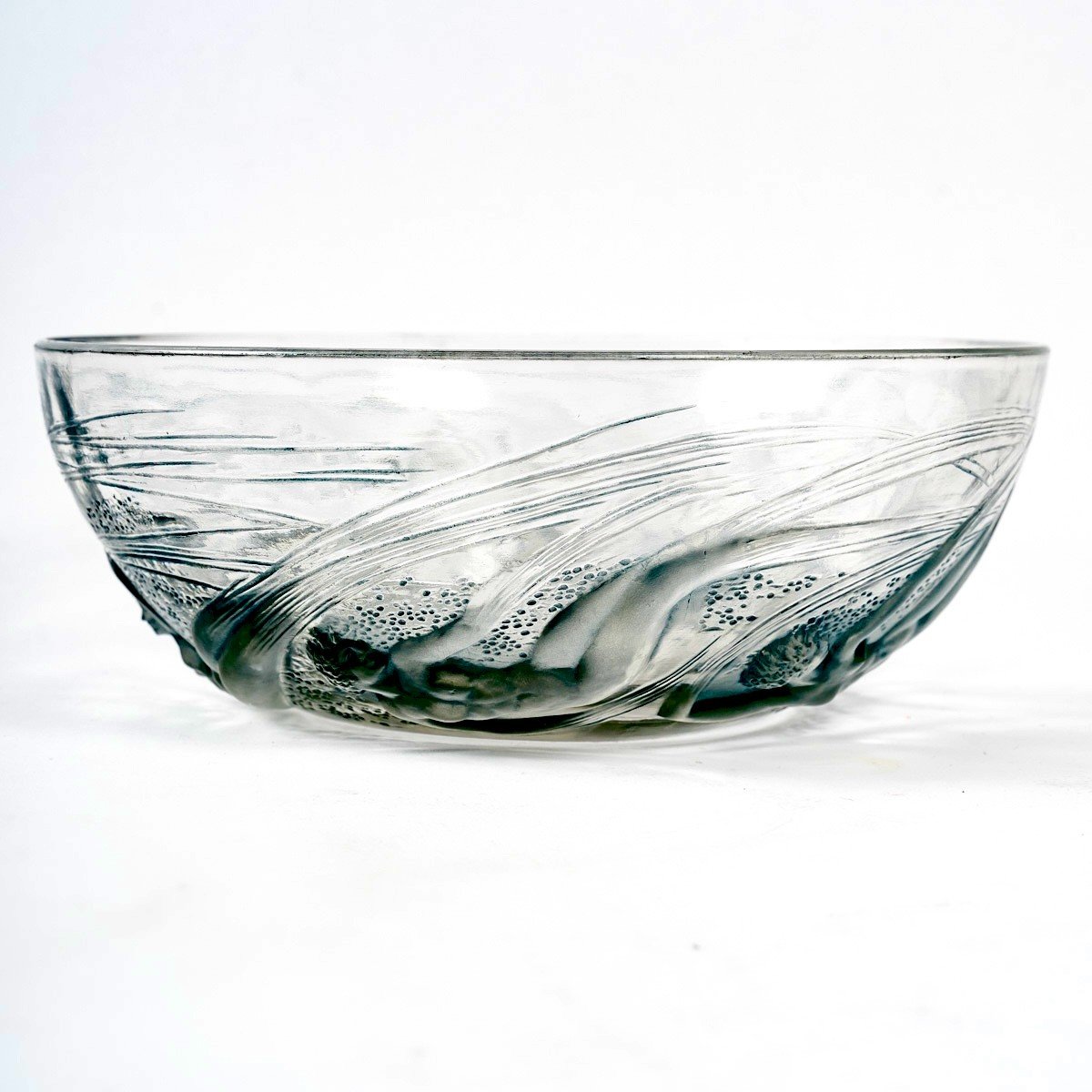 1921 René Lalique - Coupe Ondines Verre Blanc Patiné Bleu-photo-1