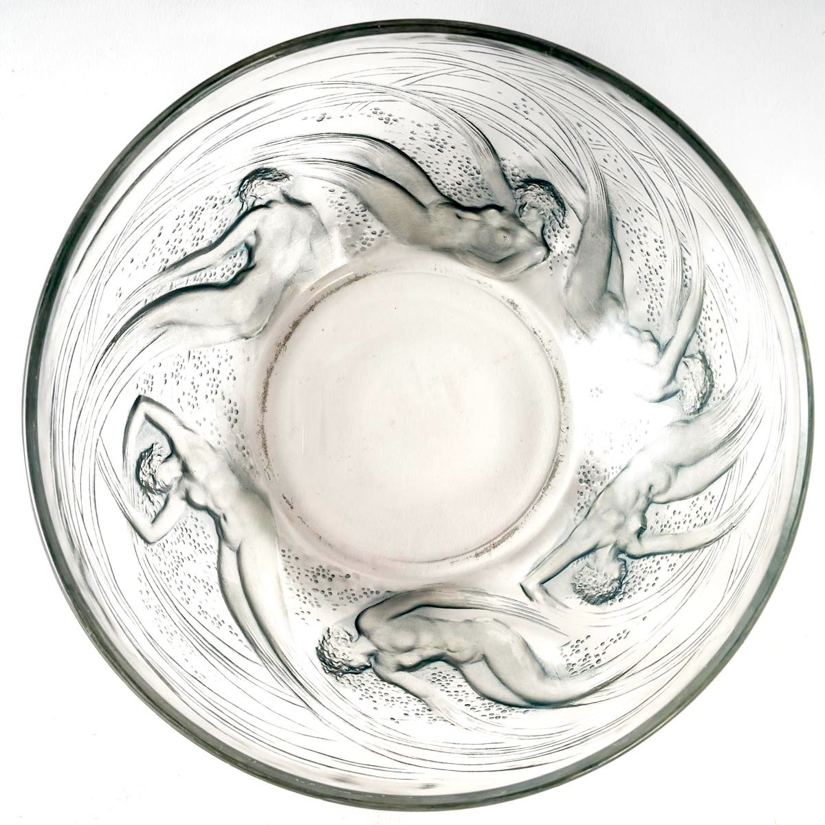 1921 René Lalique - Coupe Ondines Verre Blanc Patiné Bleu