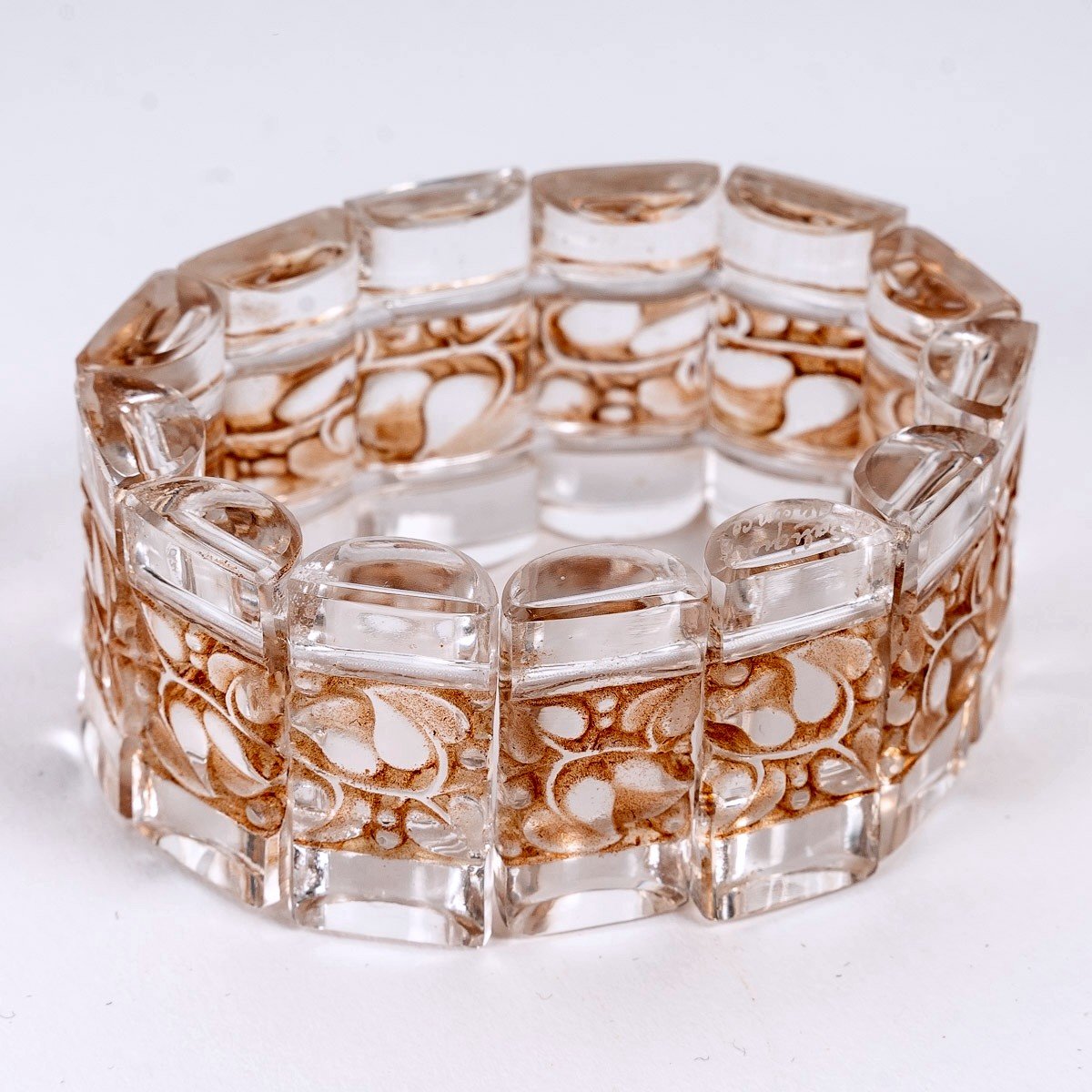 1928 René Lalique - Bracelet Art Déco Cerisier Verre Blanc Patiné Sépia-photo-2