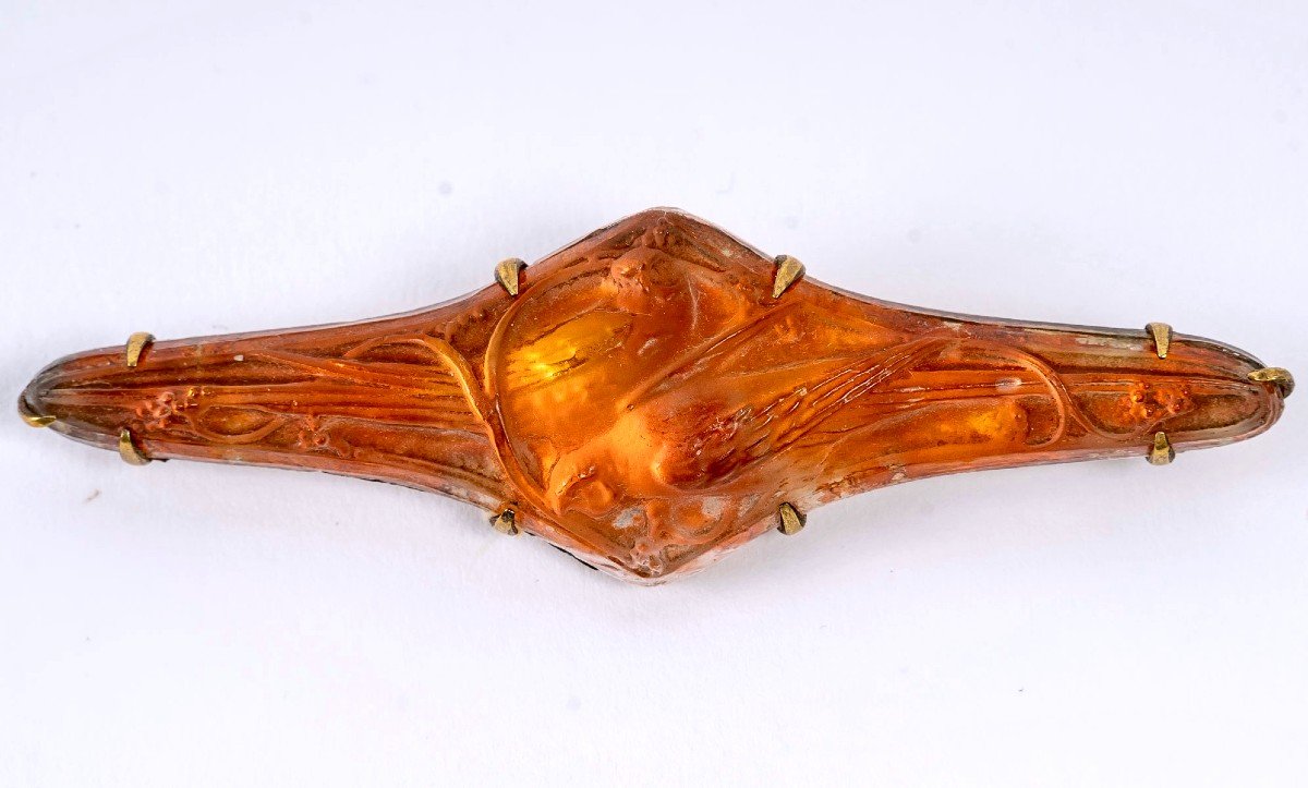 1911 René Lalique - Broche Deux Faisans Verre Blanc Sur Clinquant Orange