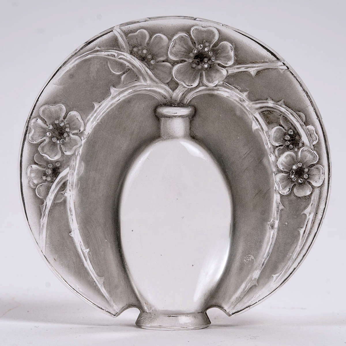 1919 René Lalique - Cachet Vase De Fleurs Verre Blanc Patiné Gris