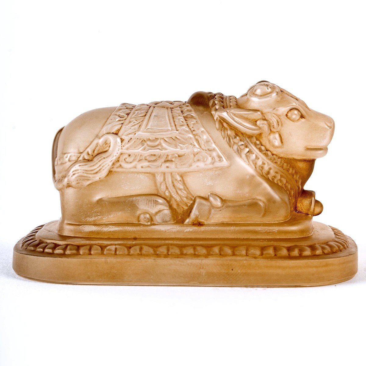 1938 René Lalique - Paperweight Taureau Sacre Glass & Sepia Patina For The Royal Dutch Mail-photo-2