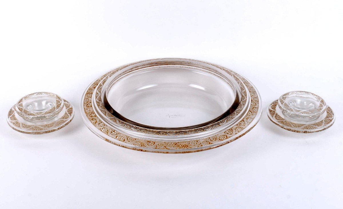 René Lalique - Pair Of Candlesticks And Bowl Ricquewihr Glass With Sepia Patina-photo-4