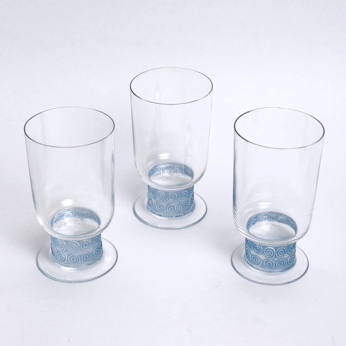 1930 René Lalique - Suite De Trois Verre Chinon Verre Blanc Patiné Bleu -photo-3