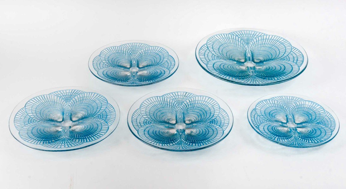 1924 René Lalique - Set Of Tablewares Plates Bowl Coquilles Glass With Blue Patina - 6 Pieces-photo-1