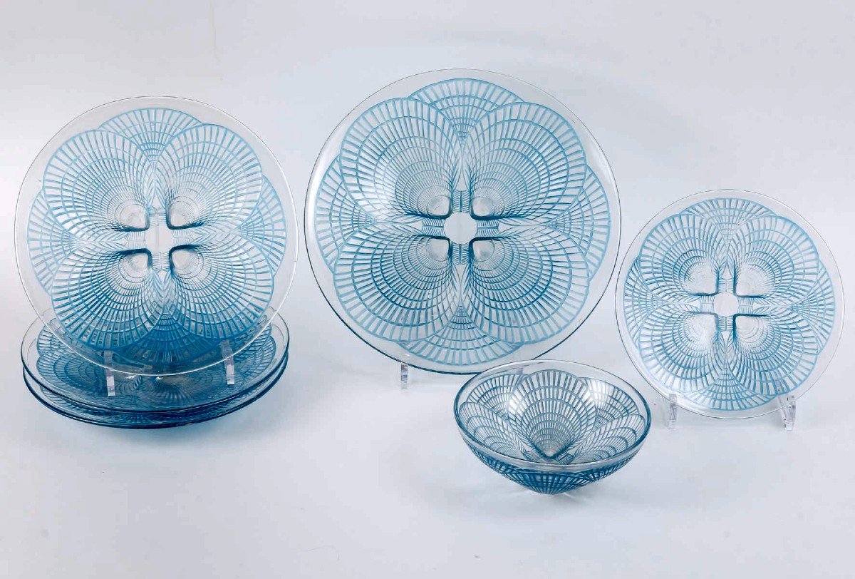 1924 René Lalique - Set Of Tablewares Plates Bowl Coquilles Glass With Blue Patina - 6 Pieces
