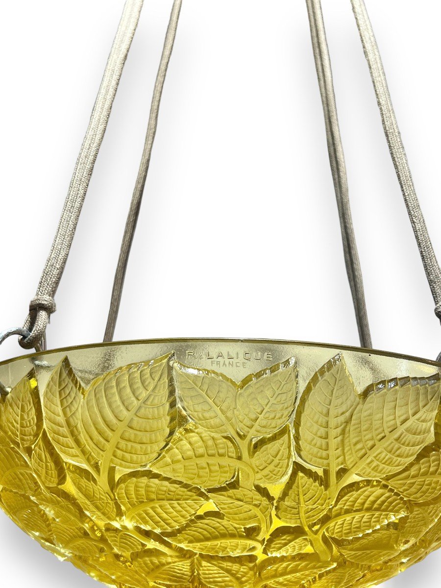 1924 René Lalique - Suspension Plafonnier Lustre Charmes Verre Jaune-photo-2