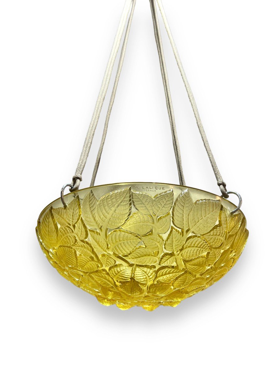 1924 René Lalique - Suspension Plafonnier Lustre Charmes Verre Jaune-photo-4