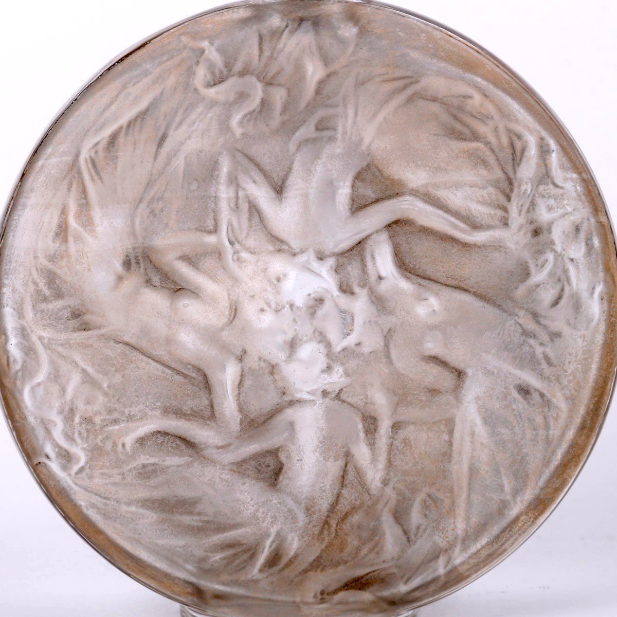 1912 René Lalique - Flacon Rosace Figurines Verre Blanc Patiné Gris-photo-2