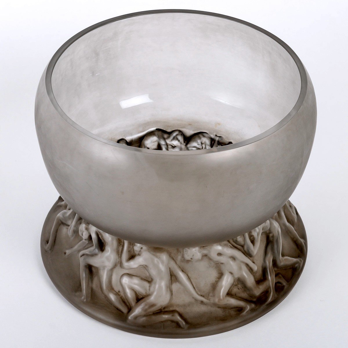 1914 René Lalique - Vase Lutteurs Verre Blanc Patiné Gris-photo-3