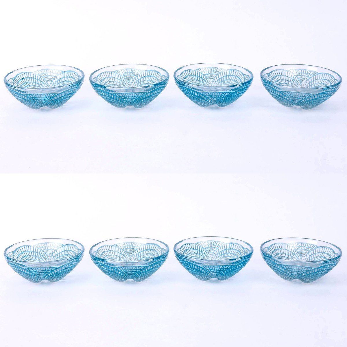 1924 René Lalique - Set Of Tablewares Bowls Coquilles  Glass With Blue Patina - 8 Pieces-photo-2