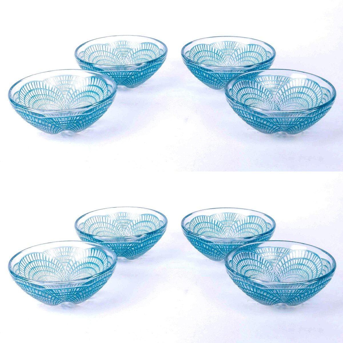 1924 René Lalique - Service Bols Coupes Coquilles Verre Blanc Patiné Bleu - 8 Pièces-photo-3