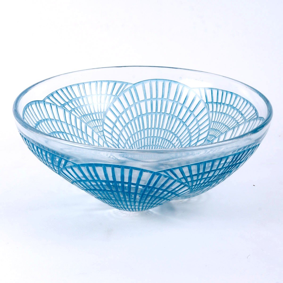 1924 René Lalique - Set Of Tablewares Bowls Coquilles  Glass With Blue Patina - 8 Pieces-photo-4