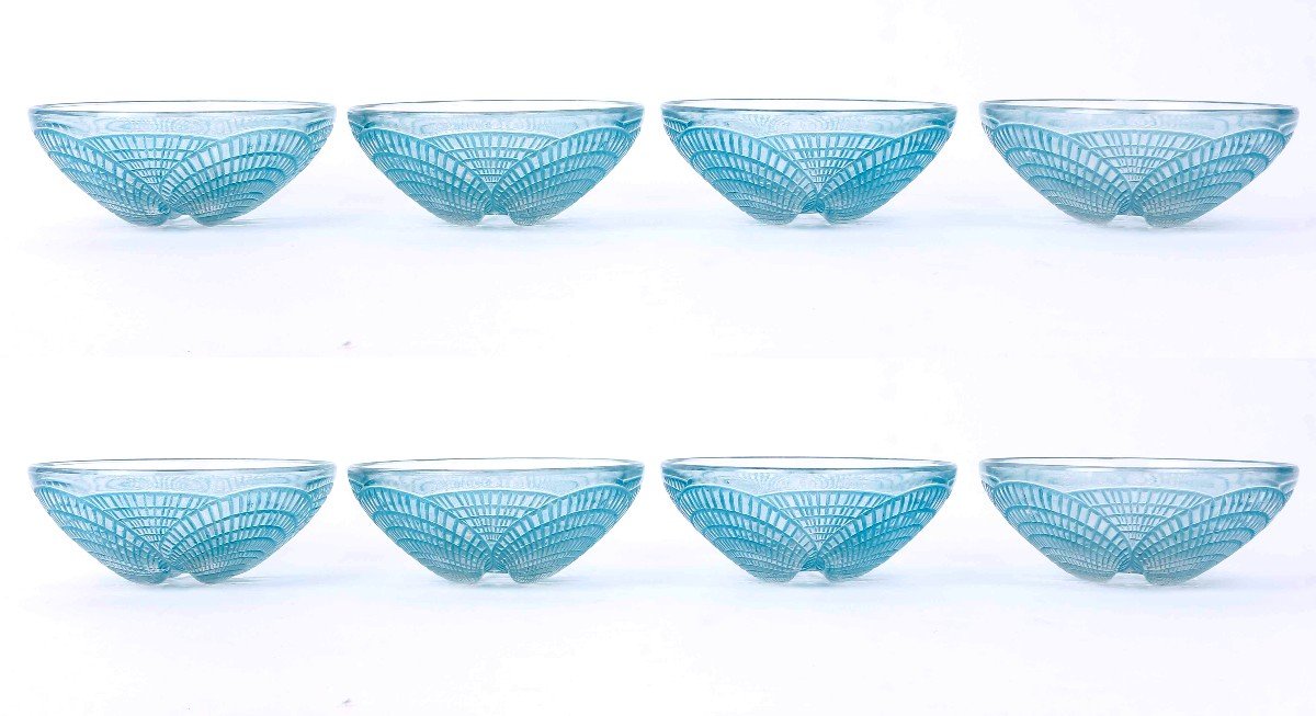 1924 René Lalique - Set Of Tablewares Bowls Coquilles  Glass With Blue Patina - 8 Pieces