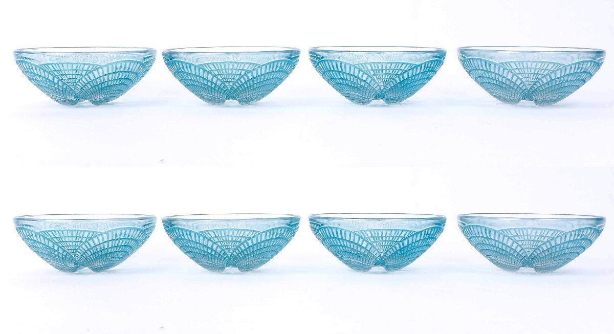 1924 René Lalique - Service Bols Coupes Coquilles Verre Blanc Patiné Bleu - 8 Pièces