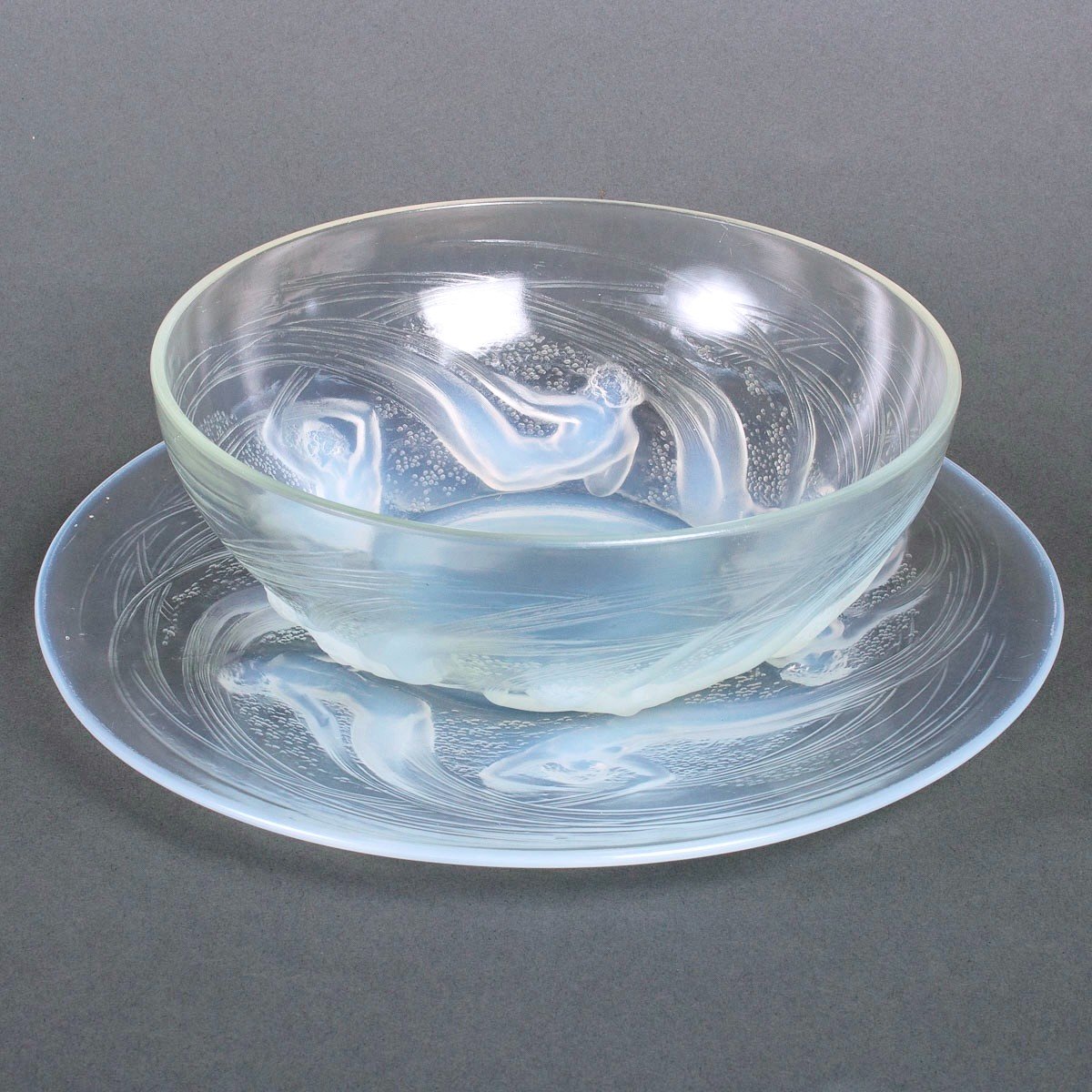 1921 René Lalique - Dishes Plate & Bowl Ondines Opalescent Glass-photo-2