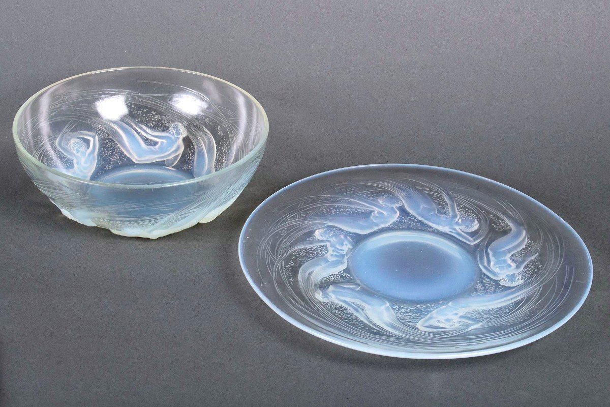 1921 René Lalique - Dishes Plate & Bowl Ondines Opalescent Glass