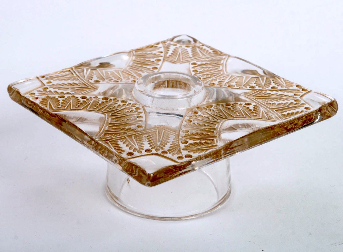 1942 René Lalique - Centre De Table Chantilly Verre Patiné Sépia 2 Coupes 6 Bougeoirs-photo-4