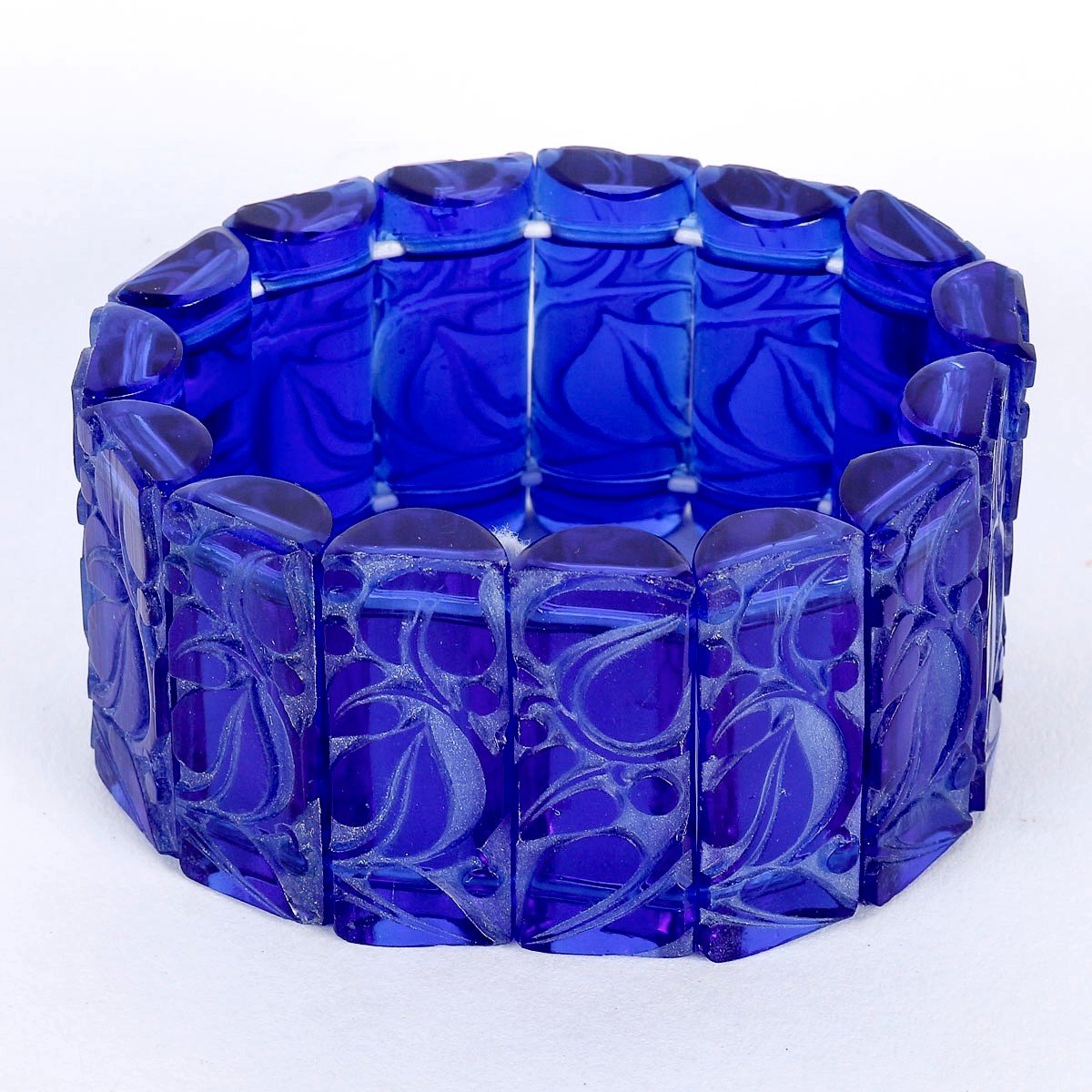 1928 René Lalique - Bracelet Art Deco Sophora Cobalt Blue Glass With White Patina