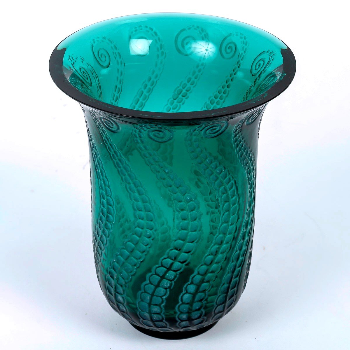 1921 René Lalique - Vase Méduse Verre Vert Emeraude Patiné Blanc-photo-3