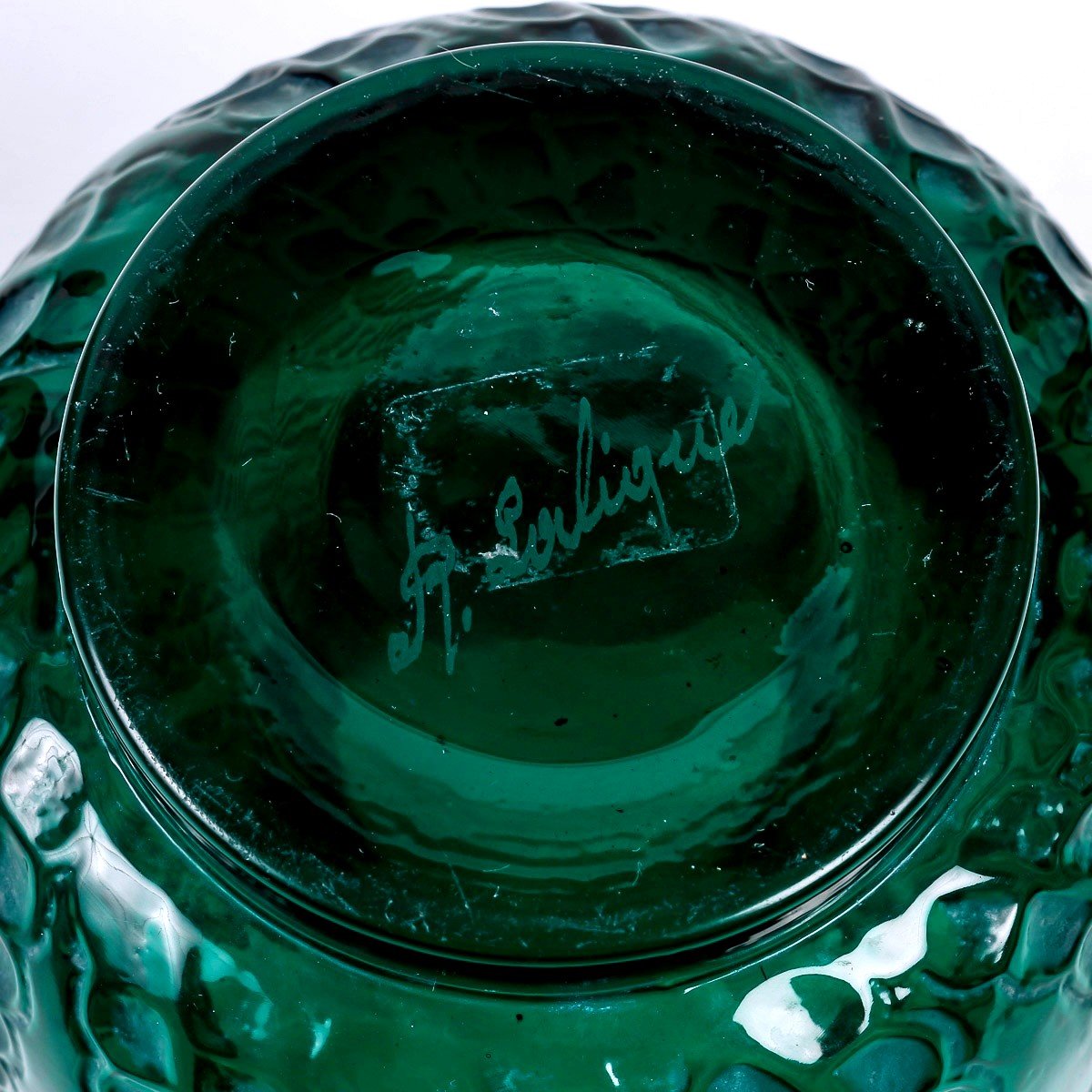 1921 René Lalique - Vase Méduse Verre Vert Emeraude Patiné Blanc-photo-1