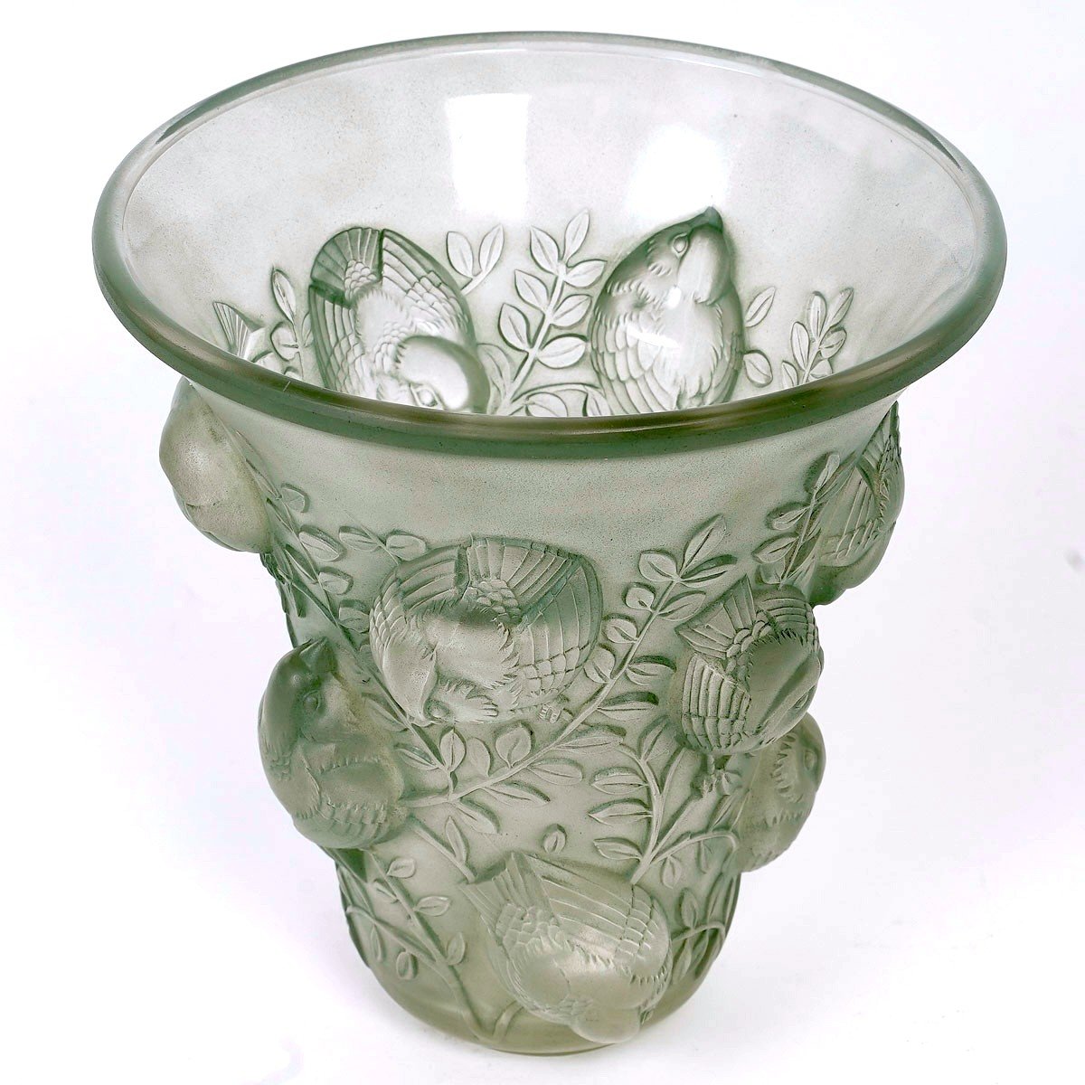 1930 René Lalique - Vase Saint François Verre Blanc Patiné Vert-photo-3