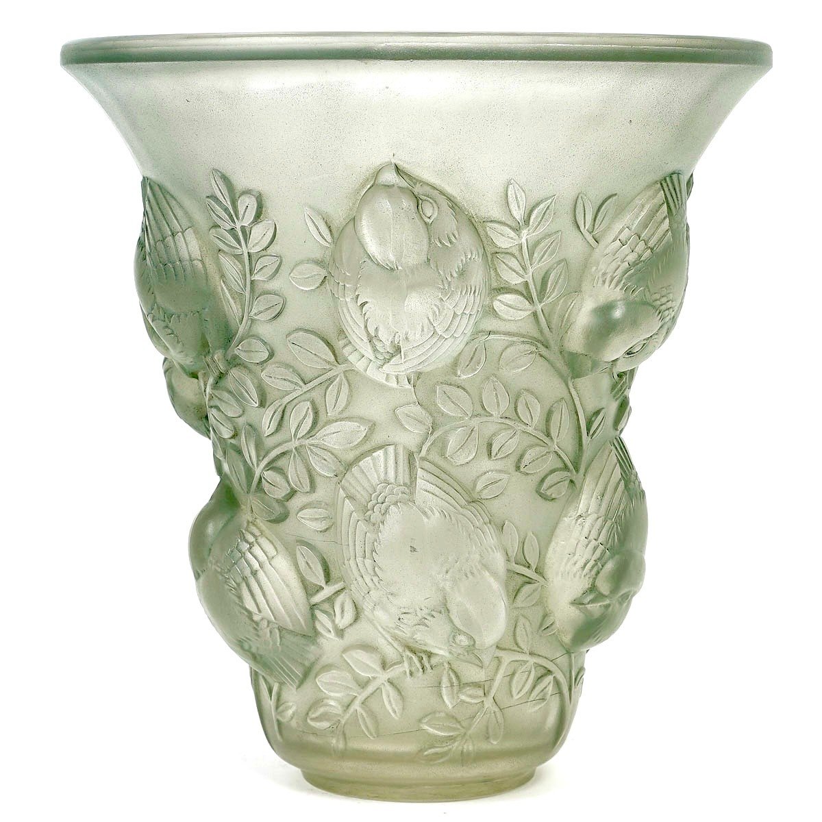 1930 René Lalique - Vase Saint François Verre Blanc Patiné Vert